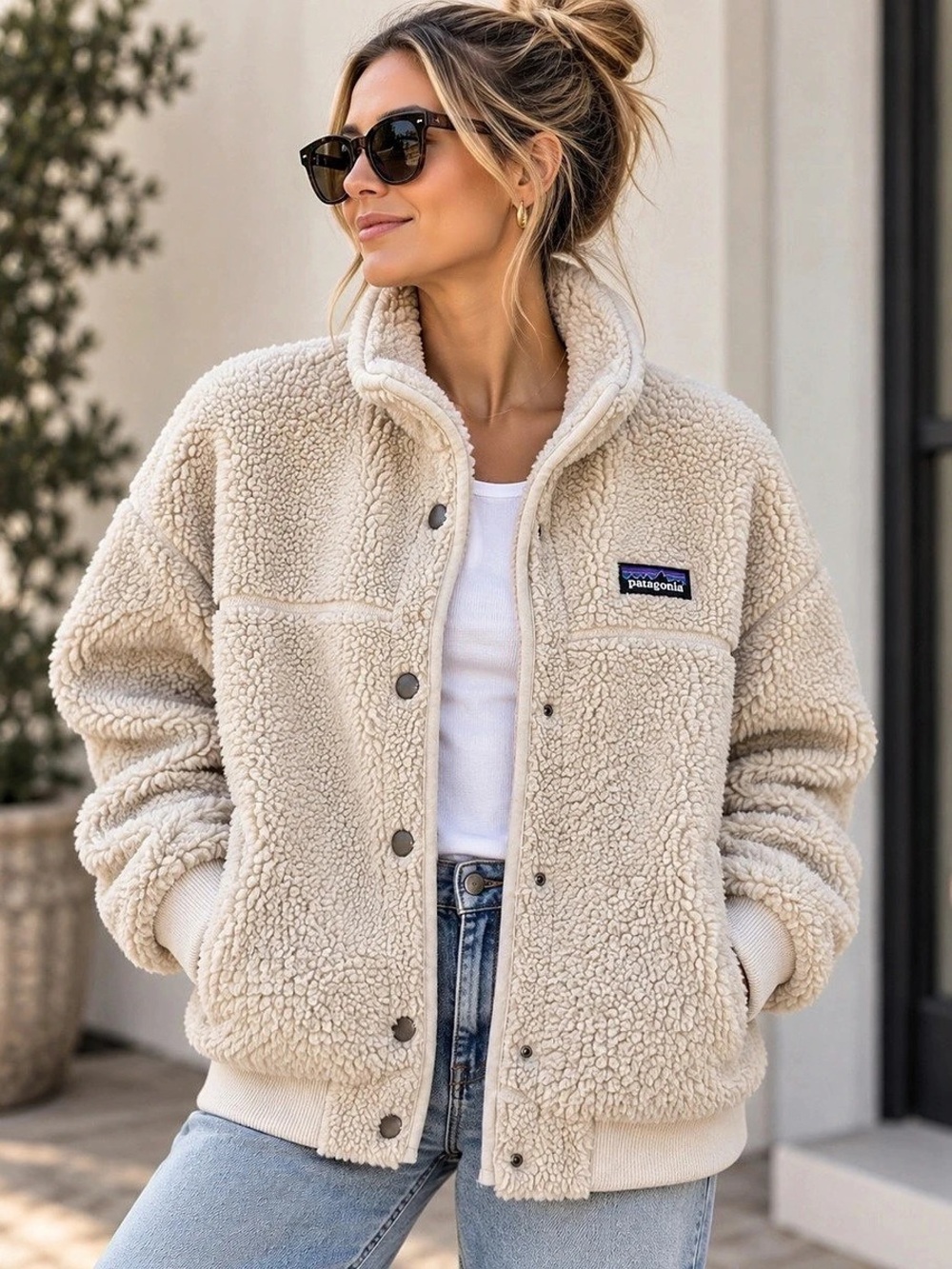 Patagonia Retro Pile Fleece Bomber Jacket Fleece Teddy Jacket in Cream Small
